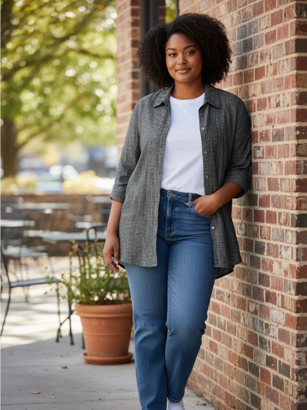 Relaxed Button-Front Linen Blend Blouse - Charcoal 3X Capsule